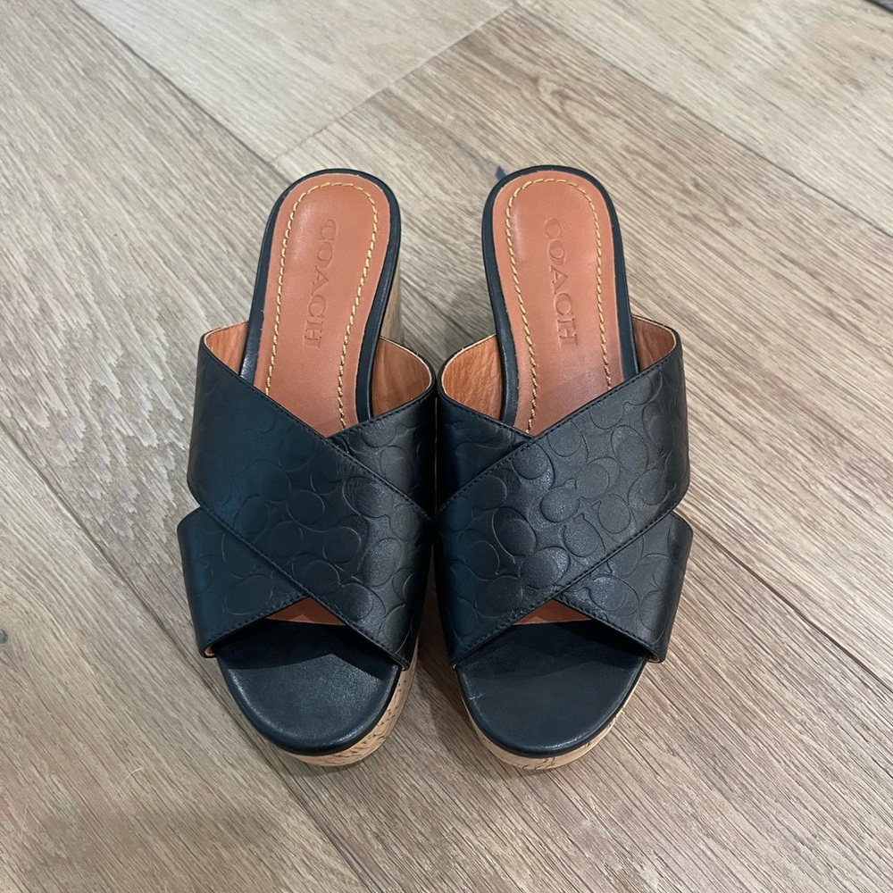 Coach Black Embossed Leather Crisscross Platform Mules